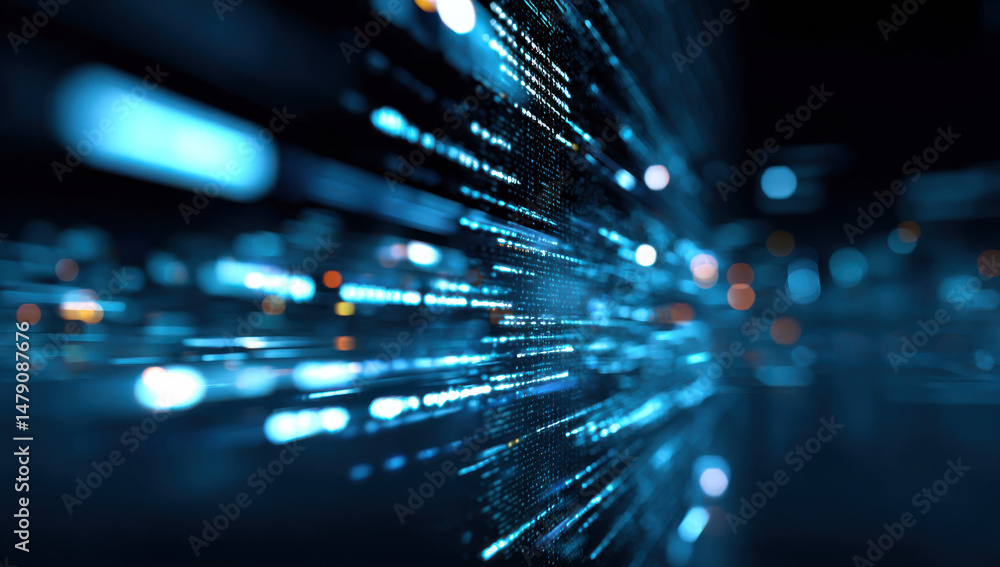 Poster Abstract digital data stream, glowing blue lines and code, futuristic technology background.  Perfect for tech, innovation, or cybersecurity concepts. : Generative AI