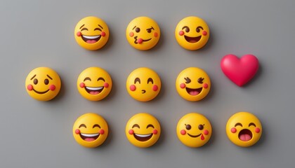 concept: happy and smiling emojis, laughing, air kiss, surprised and in love. elements for displaying your emotion communication with friends
