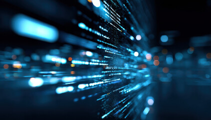 Abstract digital data stream, glowing blue lines and code, futuristic technology background.  Perfect for tech, innovation, or cybersecurity concepts. : Generative AI