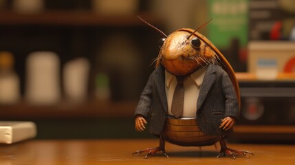 Cockroach in Suit Standing on Desk Close-Up Studio Shot Funny Anthropomorphic Insect Business Concept