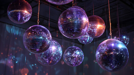 Disco glitter balls sparkle under vibrant lights at energetic dance party celebration
