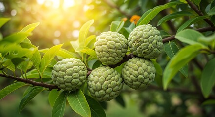 Fototapeta premium Sunlit Custard Apples on a Branch: A Vibrant Orchard Scene