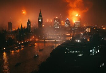 Obraz premium Fiery London Nightscape Orange and Red City Lights Reflecting on River Thames