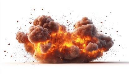 Fiery Orange and Brown Explosion with Debris on White Background