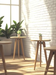 Minimalist Interior Scene with Wooden Tables and Plants Against White Brick Wall in Sunlight