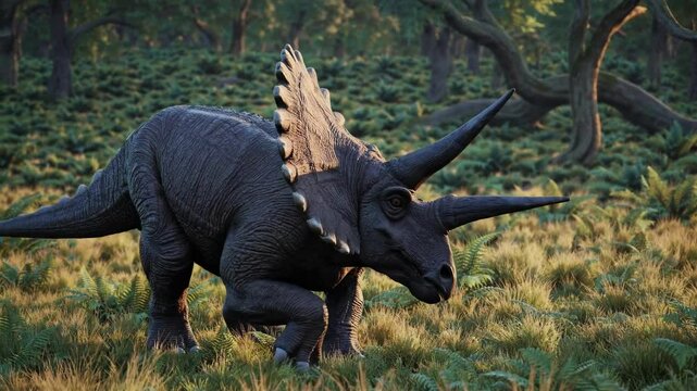 A Triceratops grazes peacefully in a lush prehistoric landscape. Herbivorous dinosaur with two prominent horns and a large frill. Ancient life