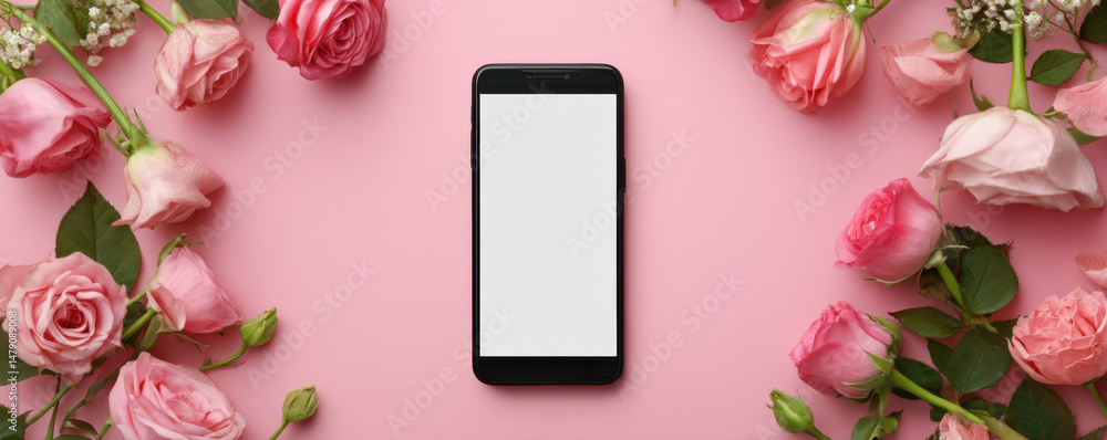 Poster pink roses arranged around a smartphone with a blank screen on a pink background, perfect for mobile