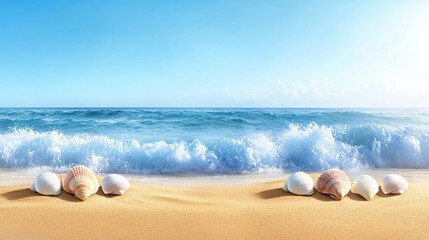 Obraz premium Ocean shore scene with seashells on sandy beach.