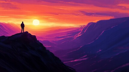 Silhouette figure atop mountain peak, vibrant sunset