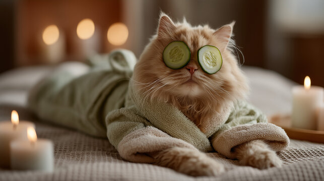 Cat Spa Day: A pampered long-haired cat relaxes during a spa day, cucumber slices over its eyes, draped in a spa robe amidst soft candles, the epitome of leisure and self-care.