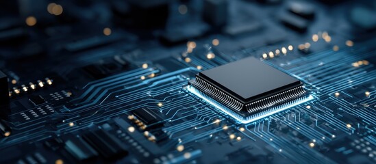 Close-up view of a complex circuit board with processor.
