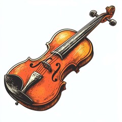 Fototapeta premium Orange string instrument illustration with detailed engraving style and a white background.