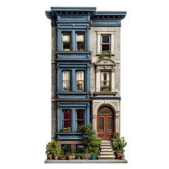 Obraz premium Elegant urban townhouse illustration with vintage architecture, detailed brickwork, and lush greenery. Perfect for real estate, architectural design, and urban lifestyle themes. PNG format on a transp