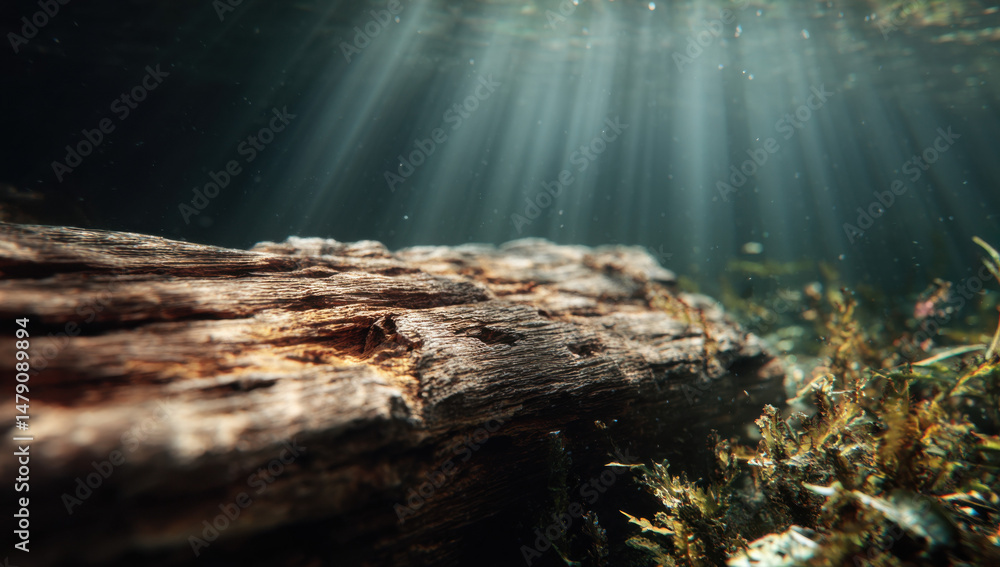 Poster sunbeams illuminate submerged, aged wooden log resting on riverbed, surrounded by aquatic plants, cr