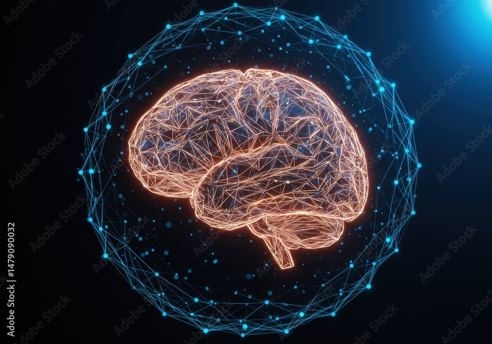 Poster a glowing wireframe brain is surrounded by a connected network of blue dots and lines