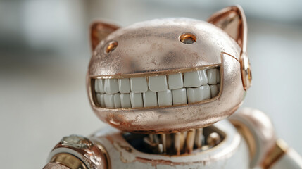 Mechanical Cat: A close-up view of a meticulously crafted, antique-style robotic cat with a cheerful grin. This image marries the concepts of artificial intelligence and playful design.