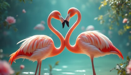 Two pink flamingos forming heart shape with necks in tranquil water with dreamy pink flowers