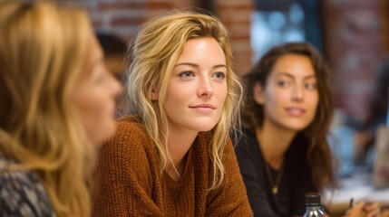 Obraz premium Professional women discussing trends while seated at a coworking table