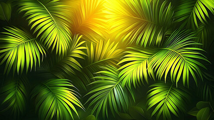 Obraz premium Sunlight through lush green palm leaves tropical jungle foliage background