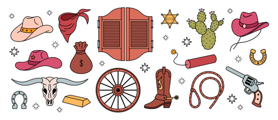 Western set. Cowgirl boots, hat, horseshoe, cactus and lettering. Cowboy western and wild west theme collection. Hand drawn vector illustration. Doodle outlined icons