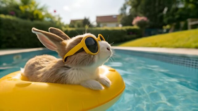 Rabbit Swimming in Pool Floating with Sunglasses, Relaxed Outdoor Summertime Holiday Scene, Photorealistic Fun Animal Lifestyle Portrait, High Detail Digital Art, 8K  blurry AI generate video Defocus