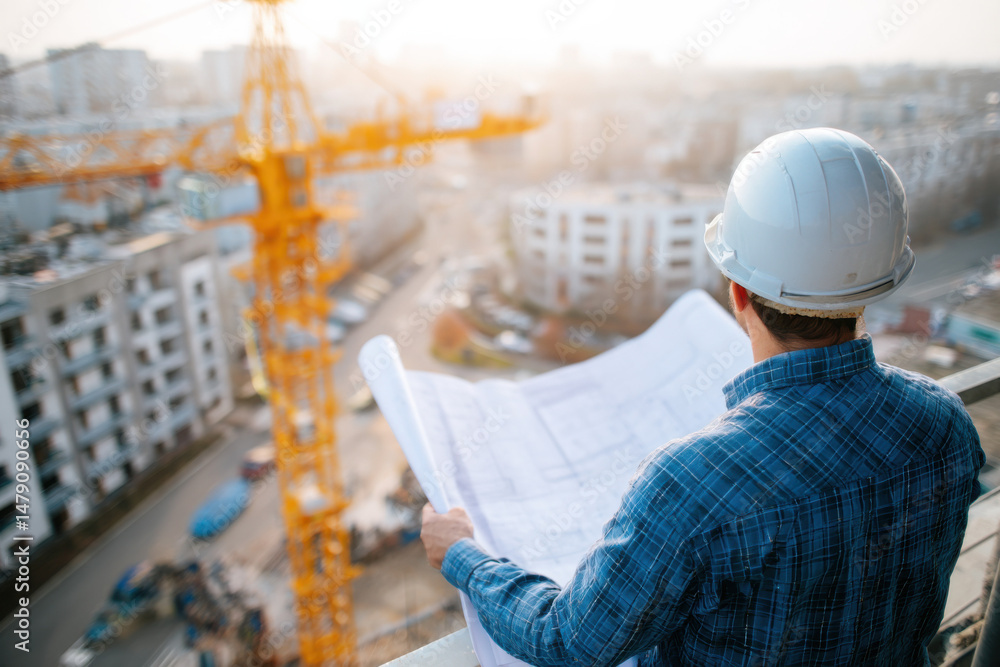Aufkleber Engineer reviewing blueprints on a construction site, overlooking a city skyline with a large crane in the background during sunset. : Generative AI