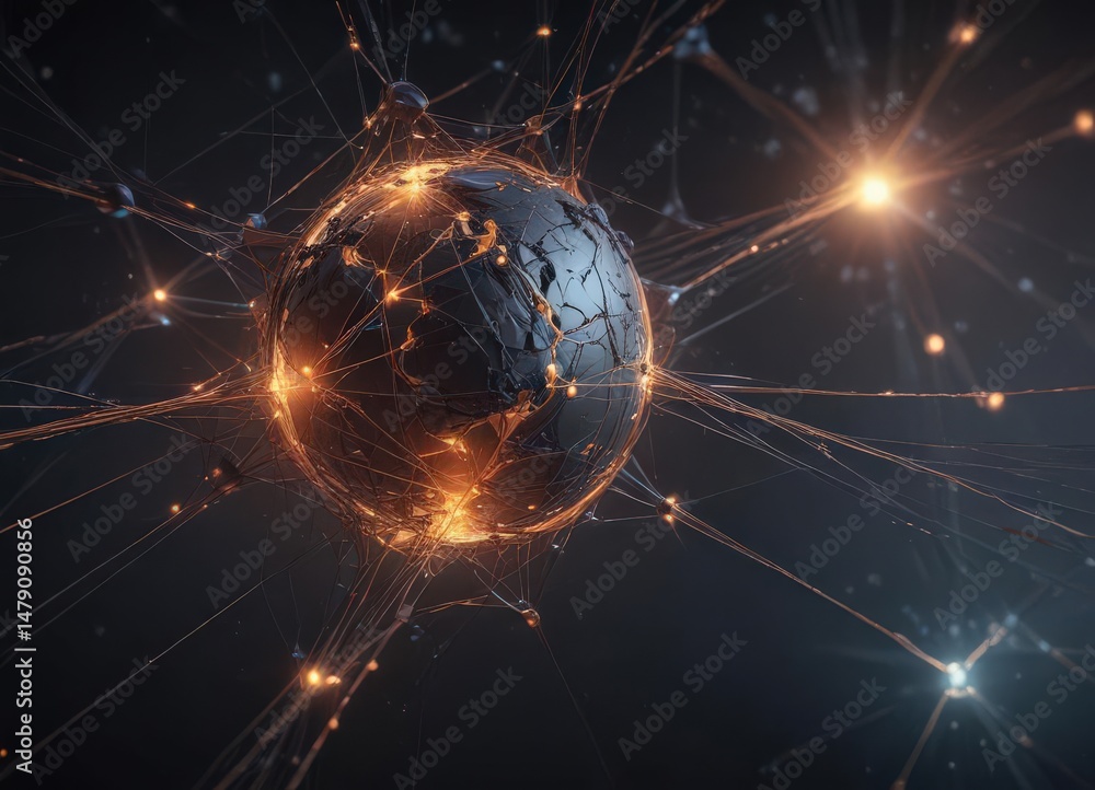 Wall mural abstract glowing nodes and lines forming a global network connection , cyber, future