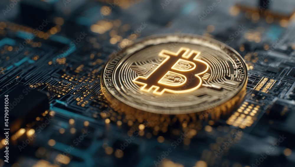 Aufkleber close-up view of a golden bitcoin cryptocurrency coin resting on a circuit board, showcasing intrica