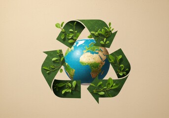 Recycle symbol with green leaves surrounding a globe representing environmental sustainability