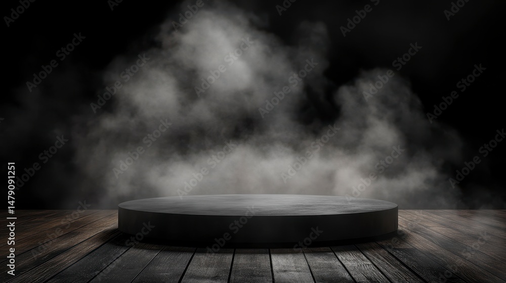 Poster dark smoky background with circular platform on wooden floor.