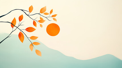 Abstract landscape illustration featuring natural colors, rolling hills, sun, and stylized plants. Flat design with flowing, curved lines creates a calm, organic, and modern aesthetic.