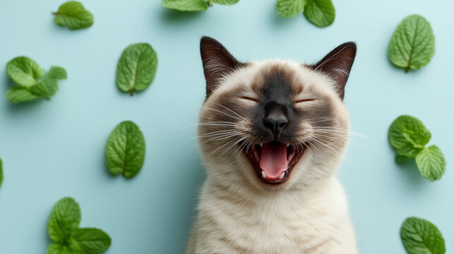 Siamese Cat's Playful Pose: A cheerful Siamese cat with captivating blue eyes beams with delight, surrounded by fresh green mint leaves against a vibrant backdrop, embodying pure joy. - Powered by Adobe