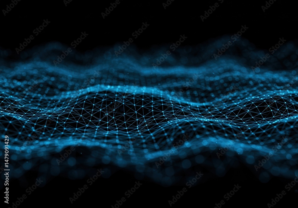 Aufkleber a blue network of connected dots and lines creates an abstract technological wave on black
