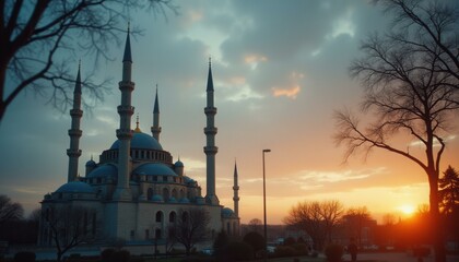 Fototapeta premium Tranquil Mosque Silhouette at Dusk with Bare Trees and Warm Sky
