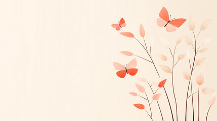 Delicate pink and orange butterflies flutter around stylized leaves and slender branches on the right side of a soft beige background. A light, graceful composition with copy space.