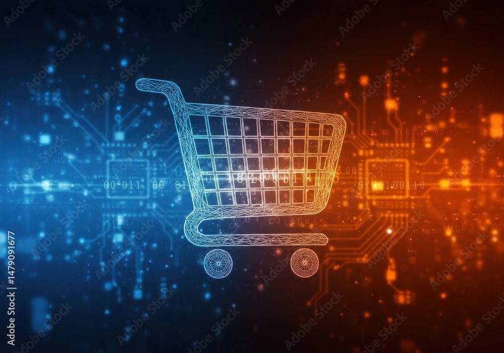 Poster digital shopping cart icon on a futuristic circuit board background with network connections