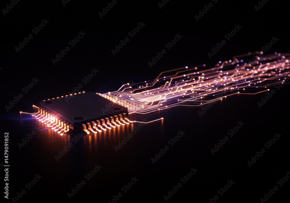 Poster illuminated microchip with glowing connections on a dark background shows modern technology