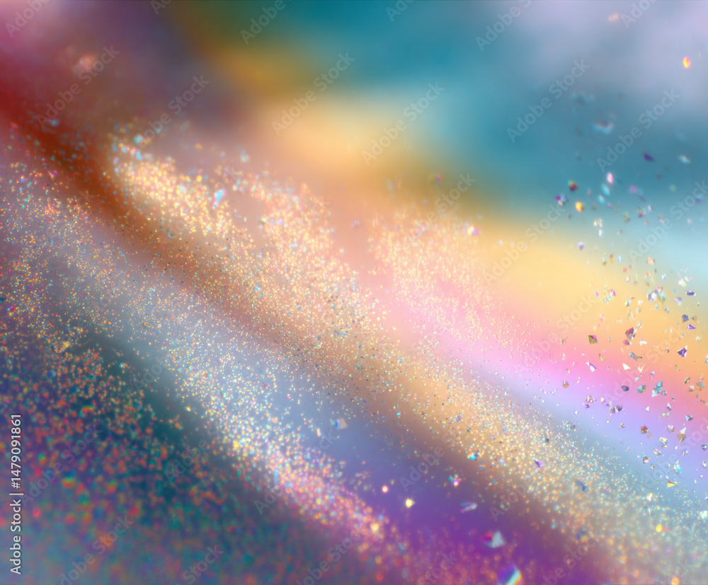 Poster Abstract iridescent glitter particles swirling in a pastel rainbow gradient, creating a dreamy, magical, and ethereal atmosphere. : Generative AI