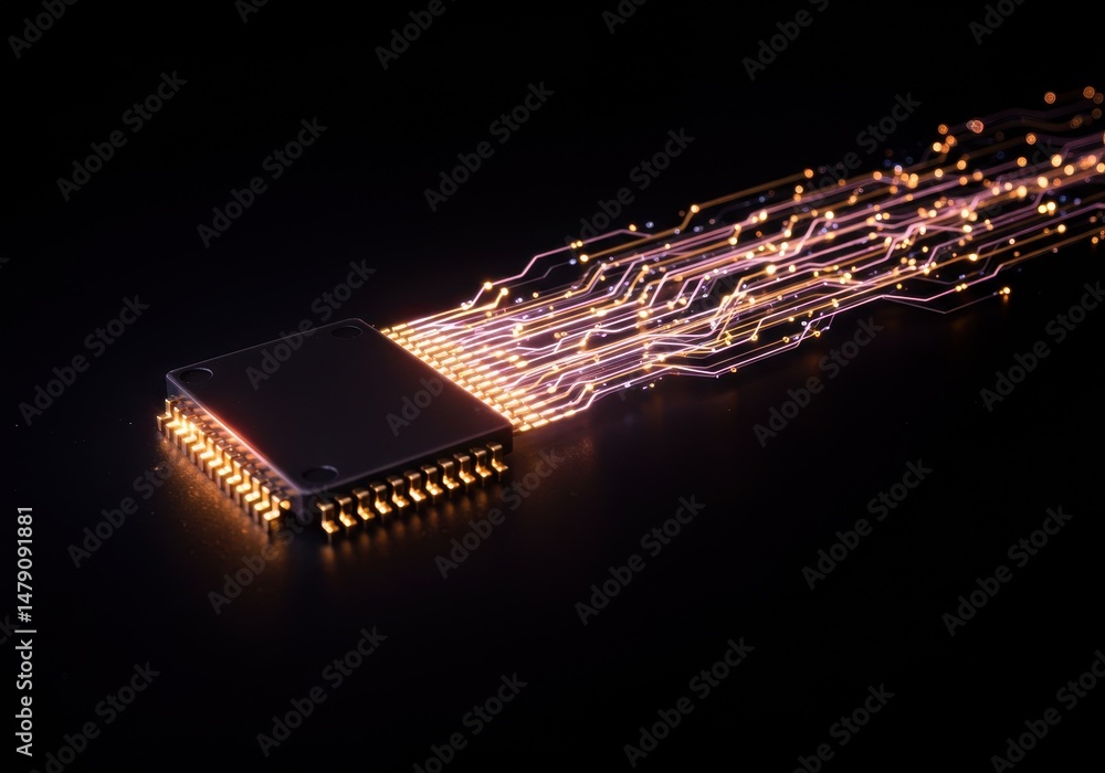 Aufkleber close up of a microchip with glowing connections on a dark background