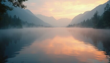 Fototapeta premium Tranquil Lake Scene with Fog and Mountain Reflections at Dawn