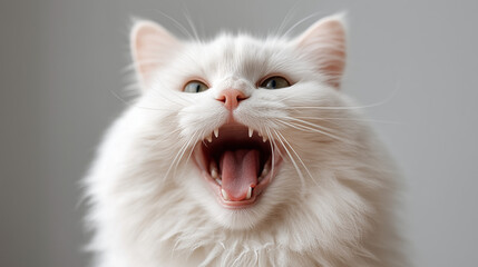 Furry Majesty: A striking, close-up portrait of a fluffy white cat reveals its open mouth, teeth on display, expressing playful aggression or a wide yawn.
