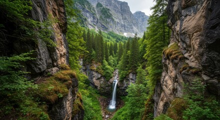 Waterfall in forest canyon serenity and natural beauty, surrounded by lush greenery and rocky cliffs