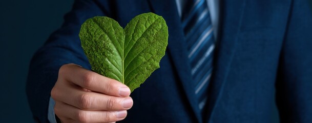 Businessperson presenting heart-shaped leaves.