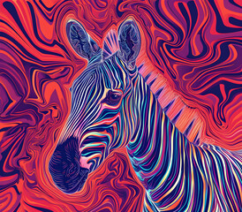 Obraz premium an abstract drawing of a zebra with colorful lines, precisionist lines, light red and indigo, colorful turbulence with mixed pattern colorful background