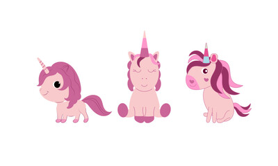 A set of cute unicorns on a white background. A magical pony with a horn. A fabulous horse. Vector illustration.