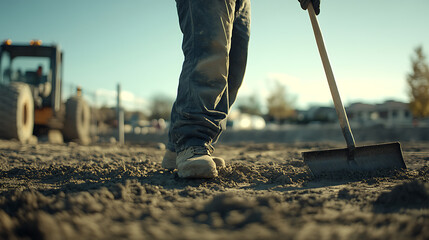 Construction Worker Using a Shovel on a Dirt Site