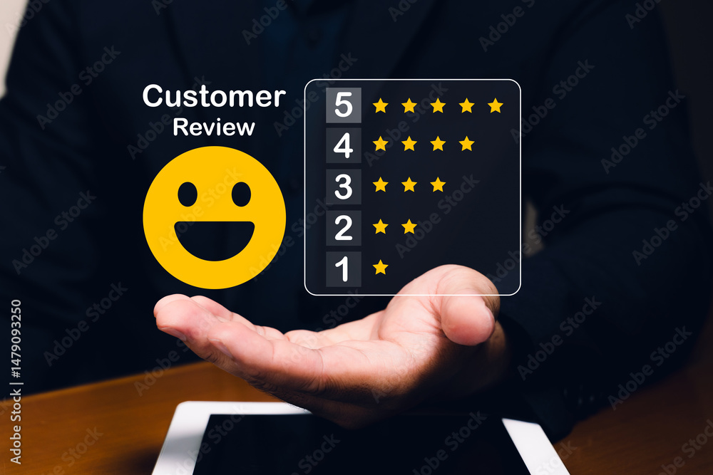 Poster a hand displays a digital customer review interface with a smile face and star rating system above a