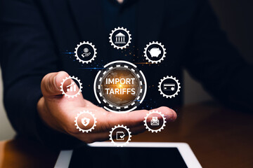 A businessperson presents a digital interface with icons and the phrase 