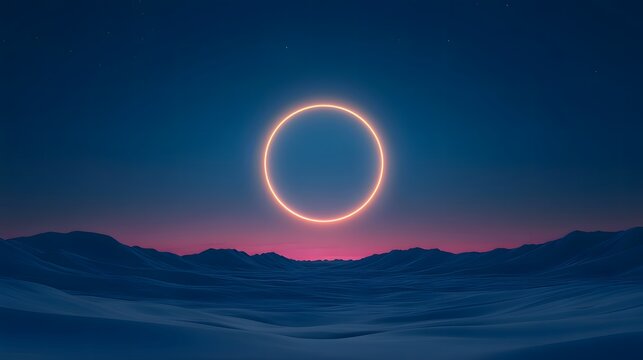 A surreal landscape features rolling, snow - like terrain under a twilight sky. At its center, a glowing, neon - like circular object hovers, creating a mysterious and other - worldly scene. 