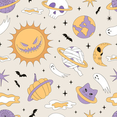 Groovy Creepy Cute celestial bodies sun pumpkin skeleton cat planets ghosts in Outer Space vector seamless pattern. Cosmic Spooky Halloween Galaxy hand drawn background.